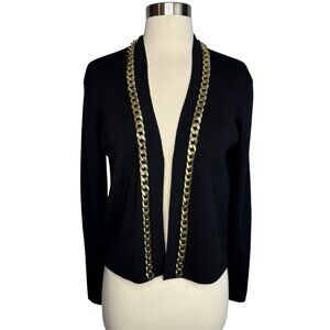 Worth New York 100% Wool Black Open-Front Cardigan W/ Gold Chain Detail Sz P